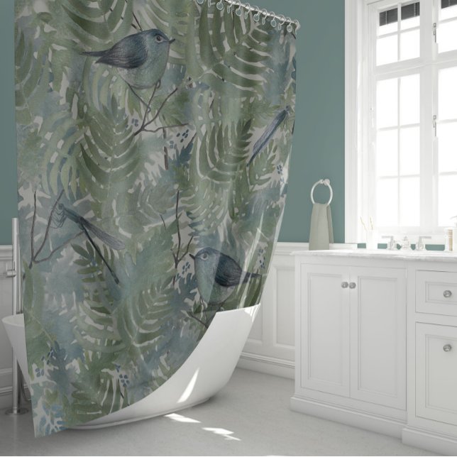 Cortina Para Box Barras de Aves Botânicas (Whimsical Bird Dragonflies Blue Fern Plants Floral Shower Curtain from Studio Posies.)