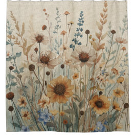 Cortina Para Box Bege Azul Marrom Flor Selvagem