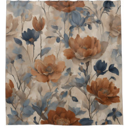 Cortina Para Box Bege Laranja Queimada Azul Naval Floral Empoeirado