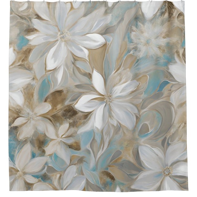 Cortina Para Box Bege Marrom Azul Turquesa Floral (Frente)