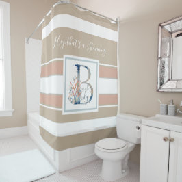 Cortina Para Box Belo coral costeiro e monograma azul listrado