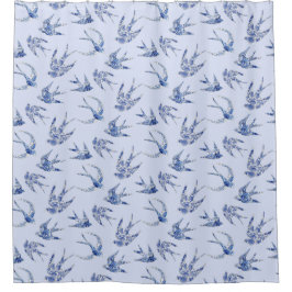 Cortina Para Box Bird Swallow Floral Blue Chinoiserie