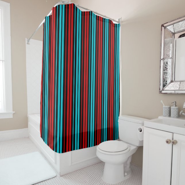 Cortina Para Box Black Red Blue Stripes Pattern   (In Situ)