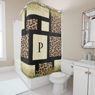 Cortina Para Box Bloco de Cor Creme Marfim Preto & Leopardo Guepard