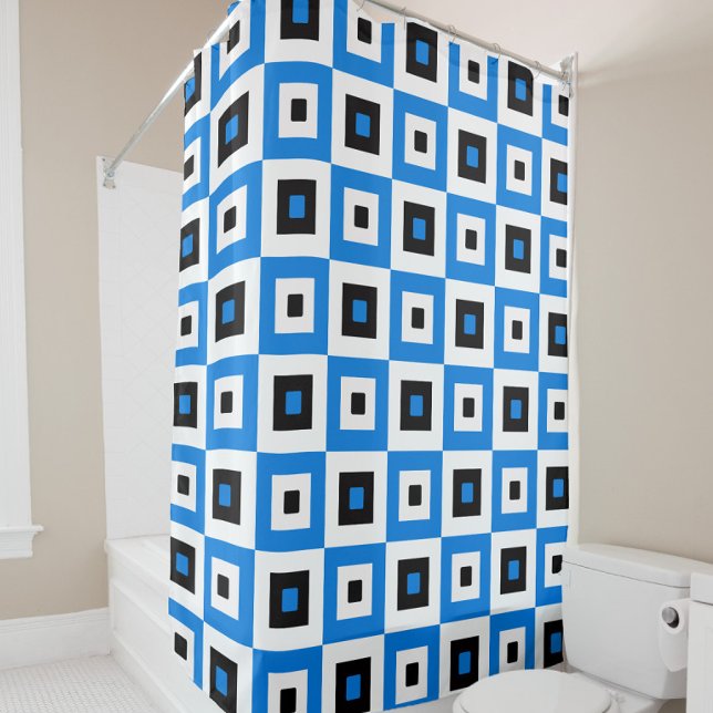 Cortina Para Box Blue Black and White Checkered Squares Pattern (Criador carregado)