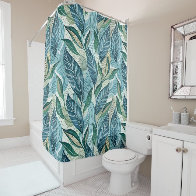 Cortina Para Box Blue Botanical Wave Modern Pattern (In Situ)