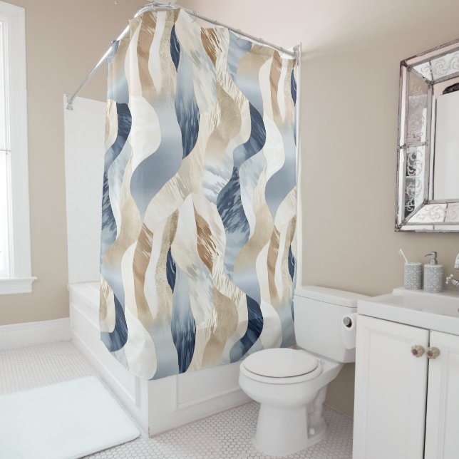 Cortina Para Box Blue Cream Ivory Abstrato Waves Beach (In Situ)