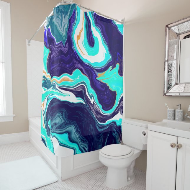 Cortina Para Box Blue TeOcean Swirls Marble Fluid Art (In Situ)
