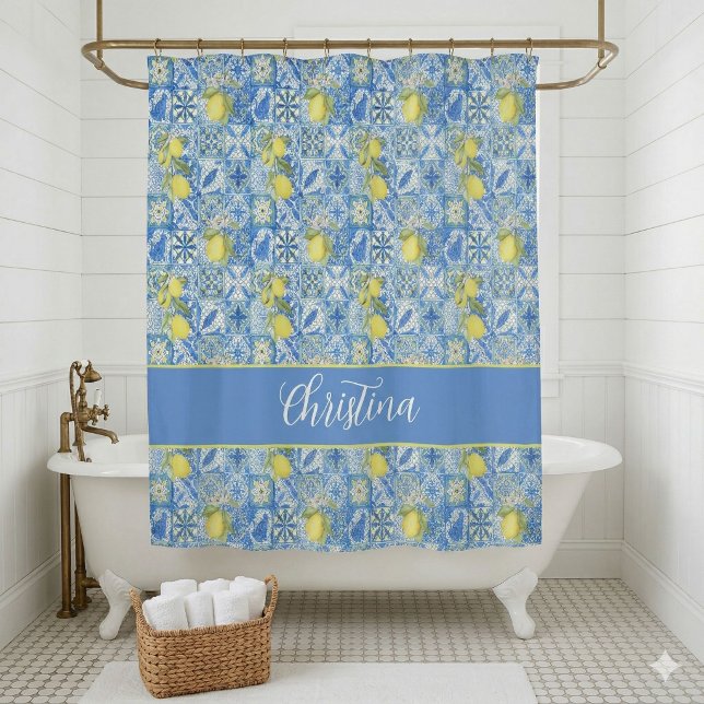 Cortina Para Box Blue Tile French Country Lemon Pattern Shower Curt (Criador carregado)
