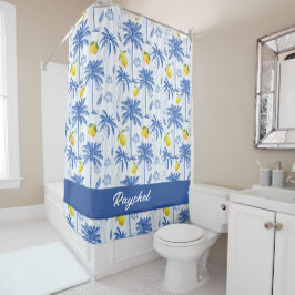 Cortina Para Box Blue Toile Palm Trees Lemons Monogram Name