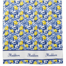 Blue Watercolor Lemon Pattern Monogram Name