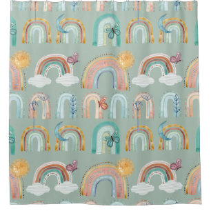 Cortina Para Box Boho Rainbow Butterfly Floral Mint Sage Terracotta