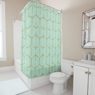 Cortina Para Box Boho Verde Menta Hexágono Dourado & Glam Geométric