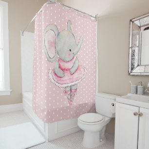 Cortina Para Box Bolinhas brancas cor-de-rosa com elefante branco-d
