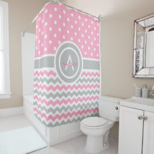 Cortina Para Box Bolinhas cinzentas cor-de-rosa Chevron