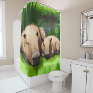 Cortina Para Box Bonito Engraçado Napping Capybaras por Pond