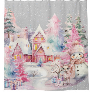 Cortina Para Box Bonito Homem de Neve Rosa Natal