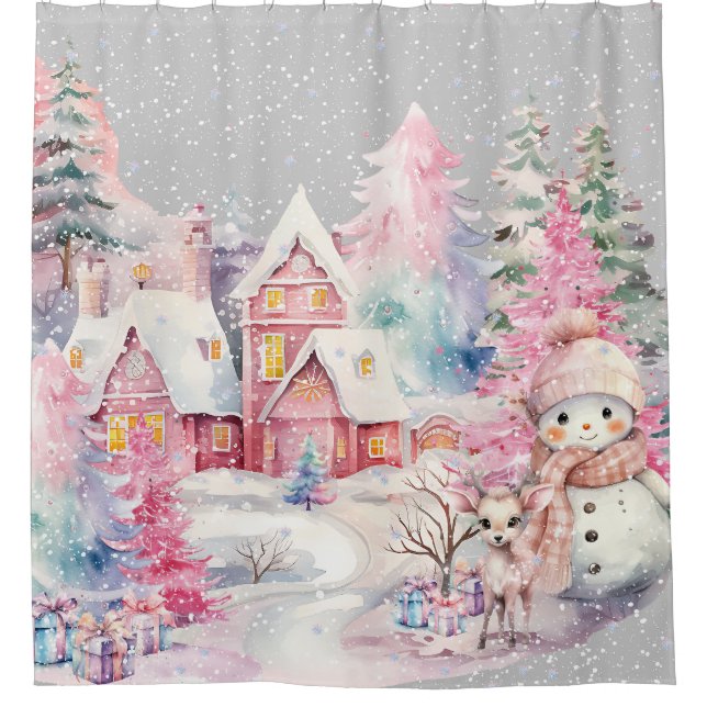 Cortina Para Box Bonito Homem de Neve Rosa Natal (Frente)