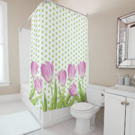 Cortina Para Box Bonito Tulipas Rosa e Pontos Verdes