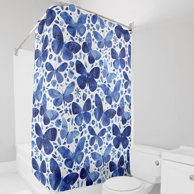 Cortina Para Box Borboleta Aquarela Azul (Blue and white watercolor butterfly pattern shower curtain)