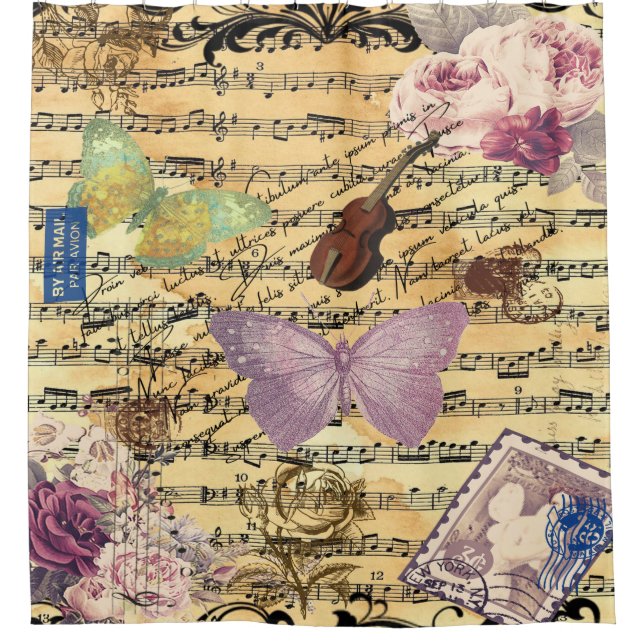 Cortina Para Box Borboleta, Rosas e Notas Ephemera (Frente)