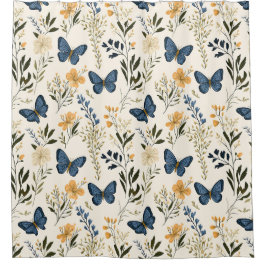Cortina Para Box Borboletas azuis de algodão e verde
