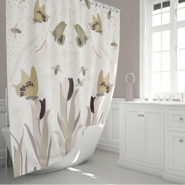 Cortina Para Box Borboletas Tulipas Douradas Padrão de Sage (Elegant Gold Sage Butterflies Bees Tulips Shower Curtain by Studio Posies.)