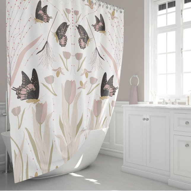 Cortina Para Box Borboletas Tulipas Padrão Rosa (Elegant Black Pink Gold Butterflies Bees Tulips Shower Curtain from Studio Posies.)