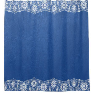 Cortina Para Box Borda branca do rendas de textura de couro azul