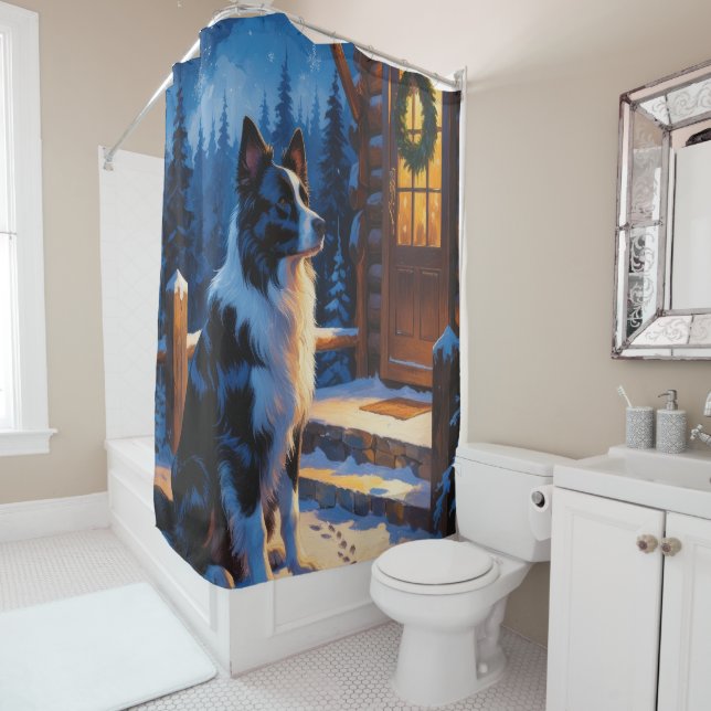 Cortina Para Box Border Collie Com Luzes de Natal Feriado (In Situ)