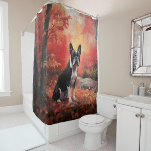 Cortina Para Box Boston Terrier no Outono Folhas Caídas Inspiram