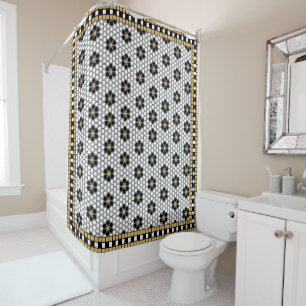Cortina Para Box Branco preto inspirado no mosaico e Dourado