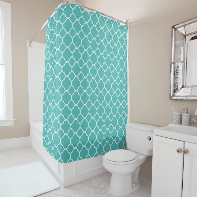 Cortina Para Box Bright Teal Quatrefoil Pattern (In Situ)