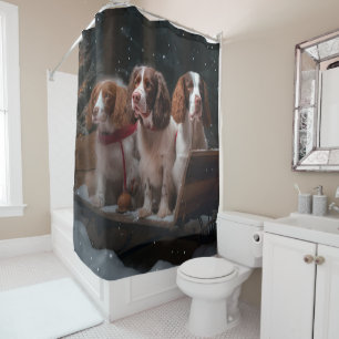 Cortina Para Box Brittany Spaniel Neve Trenó Natal Decoração
