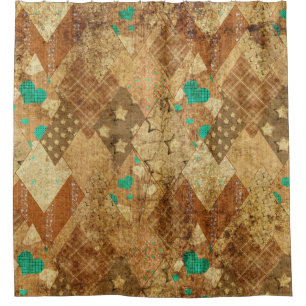 Cortina Para Box Brown Grunge Quilt Stars Hearts