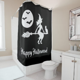 Cortina Para Box Bruxa Num Cavo Preto E Branco Feliz Halloween