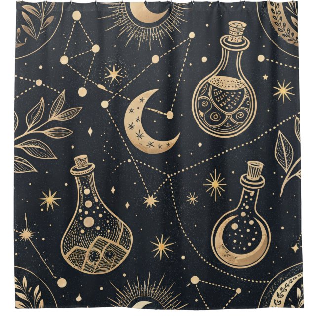 Cortina Para Box Bruxaria Celestial - Lua Dourada, Frascos de Poção (Frente)