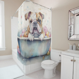 Cortina Para Box Buldogue Na Bathtub Watercolor Dog Art