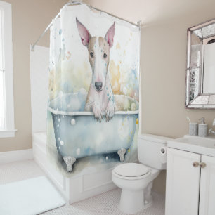 Cortina Para Box Bull Terrier in Bathtub Watercolor Dog Art