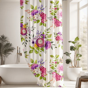 Cortina Para Box Buquê Floral de Povos Rosa e Roxos