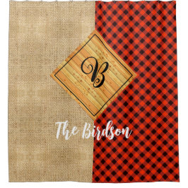 Cortina Para Box Burlap De Xadrez De Madeira Rústica, Nome Monogram