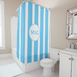 Cortina Para Box Cabana Azul e Branco com Monograma Listrado