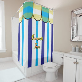 Cortina Para Box Cabana de Verão Azul Branco e Listras Amarelas