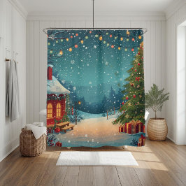 Cortina Para Box Cabine de Natal Aconchegante com Cena de Inverno N