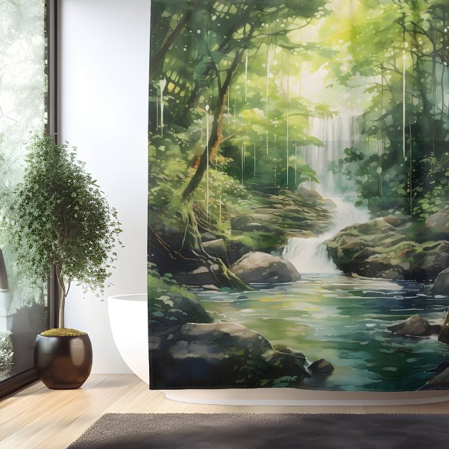 Cortina Para Box Cachoeira da Floresta Mística Aquarela (Criador carregado)