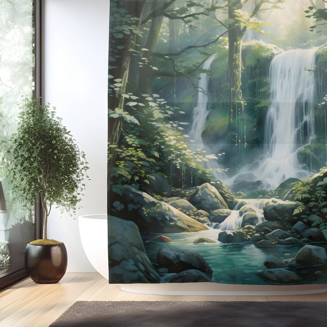 Cortina Para Box Cachoeira da Floresta Mística em Aquarela (Criador carregado)