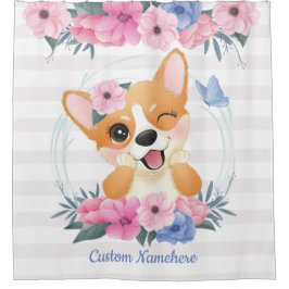 Cortina Para Box Cachorro Corgi Fofo Coroa de Flores Borboleta Azul