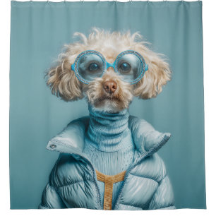 Cortina Para Box Cachorro da Moda com Roupa Azul
