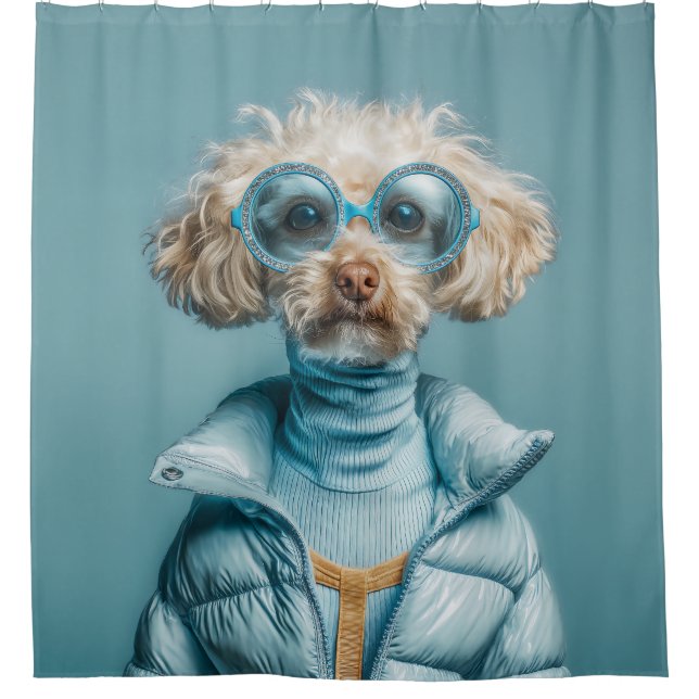 Cortina Para Box Cachorro da Moda com Roupa Azul (Frente)