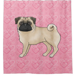 Cortina Para Box Cachorro Pug Fawn Desenho Animado Padrão de Coraçã